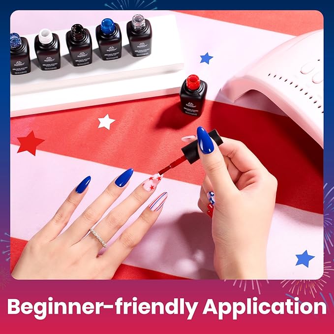 Beetles 4th of July Gel Nail Polish Set - 6 Colors Red White Navy Blue Gel Polish Sliver Glitter Gel Polish Soak Off Uv Nail Lamp for the 4th of July Nails Manicure DIY Nail Art Design Gift for Women