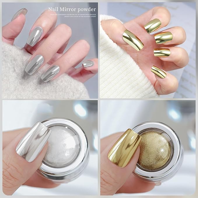Chrome Nail Powder Gold Silver Champagne Copper 4 Colors Mirror Effect Metallic Chrome Powder for Nails, GZMAYUEN Metallic Nail Powder for Women Girls Gifts