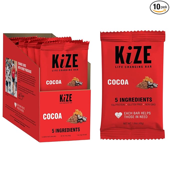 KiZE Energy Bars - Cocoa - Gluten Free, Non-GMO, and High Protein Meal Replacement Energy Bars, Clean and Simple Food Ingredients - 10g High Protein Snacks, (10 Count)