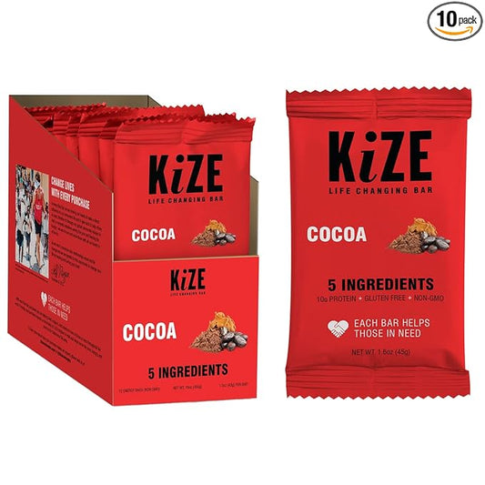 KiZE Energy Bars - Cocoa - Gluten Free, Non-GMO, and High Protein Meal Replacement Energy Bars, Clean and Simple Food Ingredients - 10g High Protein Snacks, (10 Count)