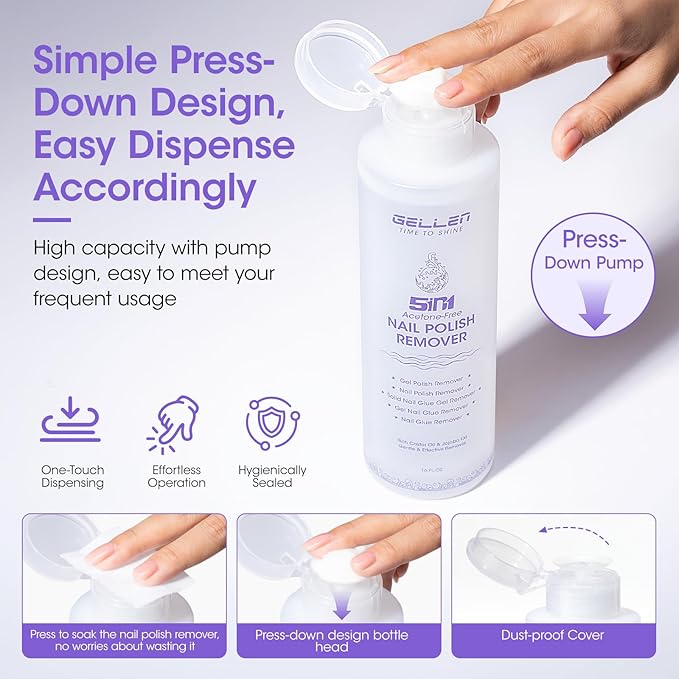 Gellen 16 Fl Oz Nail Polish Remover Non Acetone, Professional Nail Polish Remover Pump | Soak off Gel Polish Remover Kit for Nails | Multifunctional 5 in 1 Gel Nail Remover