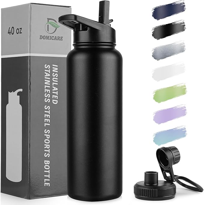 DOMICARE 40 oz Insulated Water Bottle, Vacuum Insulated Stainless Steel Sports Water Bottle with Straw Lid & Spout Lid, Leakproof, Reusable - Travel, Camping, Bike, Black