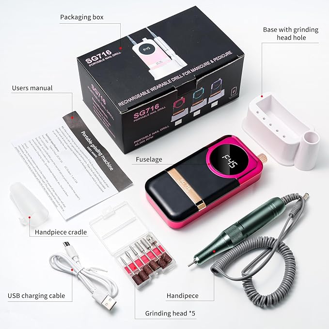 LIMEGIRL Professional Electric Nail Drill Kit 45000RPM Portable Cordless Toenail Cordless Toenail Machine with 14 Drill Bits and Base for Women(Rose Red)