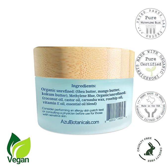 Vegan Methylene Blue Infused Shea Butter Balm for All skin types, Anti-Aging, Face and Fullbody Moisturizer, Stretchmarks, Rosacea, Psoriasis, Eczema, Acne, Organic Vegan Ingredients 1.7 oz