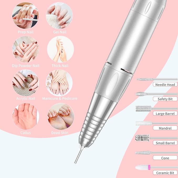 Portable Nail Drill Professional 35000 RPM, MOCOWIND Rechargeable Electric Nail File Machine E File for Acrylic Gel Polishing Removing, Cordless E-File with Bits Kit for Manicure Salon Home, Pink