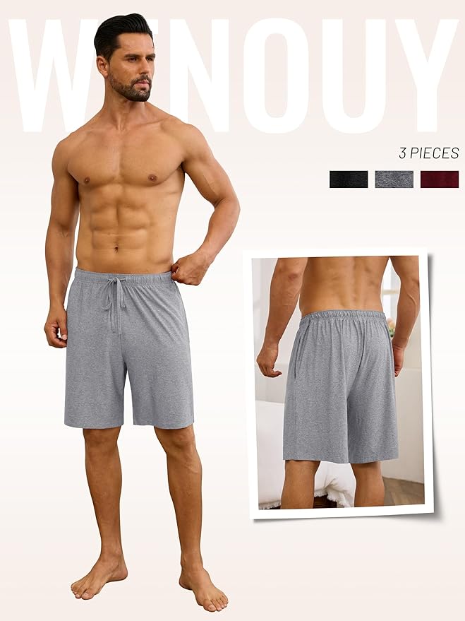 3 Pack Mens Pajama Shorts, Soft Sleep Shorts with Pockets Elastic Waist Drawstring Lounge Dry Fit Sleepwear Bottoms