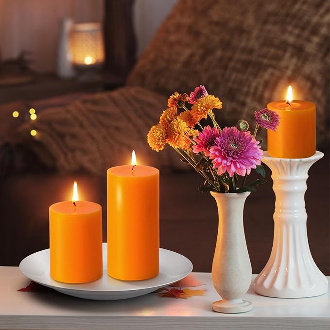 KONNI Orange Pillar Candles Set of 3, 3"x 6" Unscented Pillar Candles Bulk, 56 Hours Long Burning Candles, Smokeless&Dripless Large Round Candle for Wedding, Home Decoration, Parties, Spas, Dinner