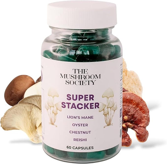 Super Stacker - 4-in-1 Mushroom Supplement Wellness Blend - Lion’s Mane, Oyster, Chestnut & Reishi - Immune, Focus & Daily Vitality - 60 Vegan Capsules