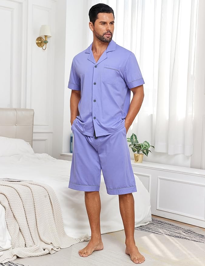 COLORFULLEAF Men's 100% Cotton Short Sleeve Pajama Sets Button Down Notched Collar Sleepwear Soft Lounge Pjs with Pockets