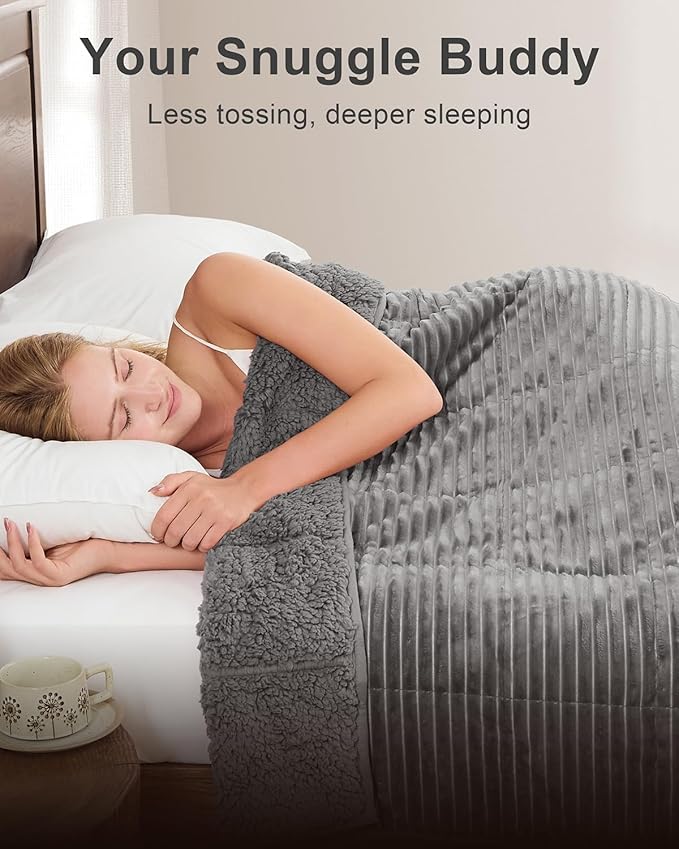 Sherpa Fleece Weighted Blanket with Ribbed Stripes for Adults, 15 lbs Dual Sided Cozy Warm Blanket for Couch Full Size Bed, Ceramic Beads Heavy Thick Blankets Great for Sleep, Grey, 60" x 80"