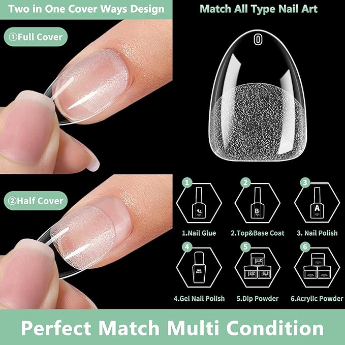 Extra Short Almond Nail Tips, 216pcs Acrylic Soft Fake Nails Gel Nail Tips, Full Cover Pre-Shaped Matte Clear Press on Nails for Extension, Diy at Home Manicure 12 Sizes