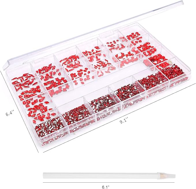 Nibiru 3830Pcs Red Multi Shapes Rhinestones Glass Diamonds Kit for Nail Art Jewels Decoration, Shiny Flatback Mix Size with Wax Pen