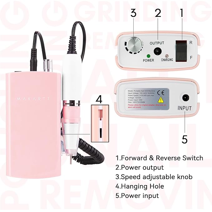 Makartt Nail Drill Professional, Rechargeable Nail E File 30000RPM Electric Nail Drill, Malory Pink Portable Gel Nail Remover Machine with Nail Drill Bits & Sanding Bands for Manicure Salon Home Use