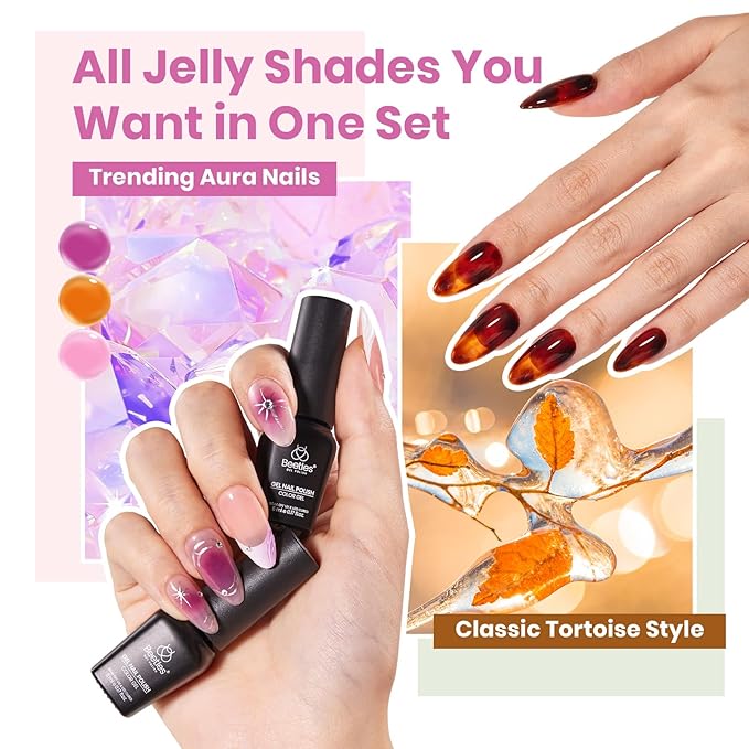 Beetles Jelly Gel Nail Polish Set, 53PCS 36 Colors Jelly Pink Milky White Red Black Blue Green Silver Cat Eye Base Glitter Glossy Matte Top Coat Crystal Ice Collection French Nails Gift for Women