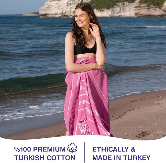 Turkish Beach Towels, Pack of 4 | Oversized, Quick Dry, Sand Free | 100% Cotton, Large 38x71 Towels for Beach, Pool, Travel | Ultra-Soft, Compact, and Absorbent | Fuchsia