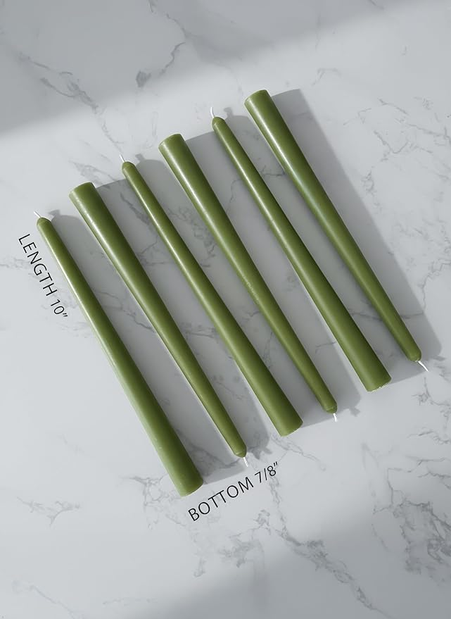 6 PK 10" Classic Taper Candles, Moss Green, 7-8 Hours Long Burning, Unscented Tall Candlesticks