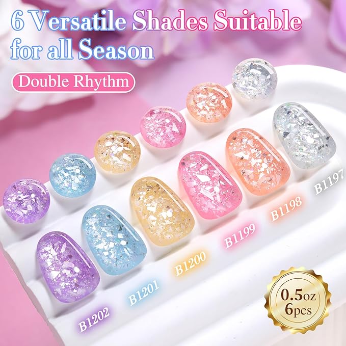Double Rhythm 0.5 Oz Glitter Gel Polish Set of 6 Color with Display Borad 15 ml Full Size Kit Shimmer Reflective Sparkle Soak Off Manicure Salon DIY at Home (Silver Pink Yellow-T6-54)