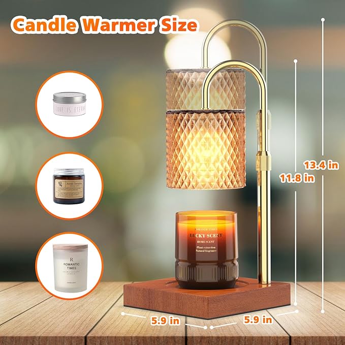 RAINBEAN Candle Warmer Lamp, Adjustable Height Electric Candle Warmer Light with Timer and Dimmer Vintage Wax Melter for Jar Candles Home Decor Gifts (Amber Glass and Walnut Wood)
