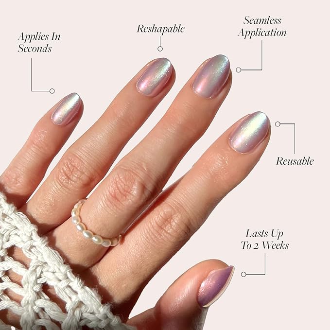 Glamnetic Press On Nails - Oyster | Short Oval Cat Eye Fake Nails with a Velvet Pearlescent Finish, Salon Quality Summer Nails | 15 Sizes - 30 Nail Kit with Glue