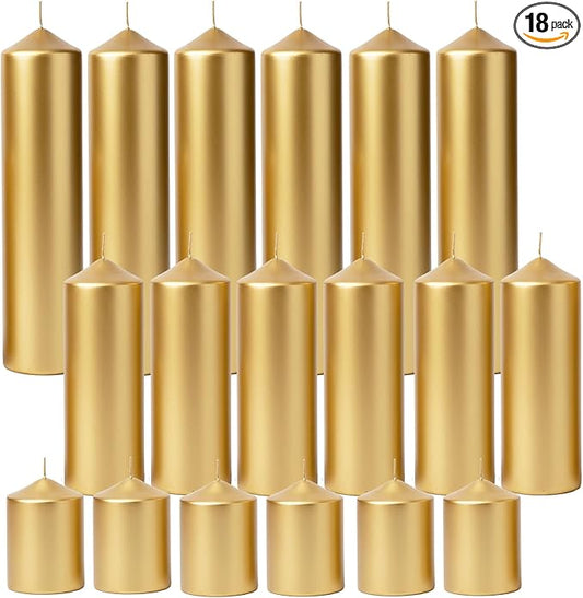 18 Pcs Gold Pillar Candles Bulk Set，Hurricane Candles，3 Different Lengths (6 Each)，Dripless Unscented Smokeless，Suitable for Decorating Christmas, Weddings, and Other Events！