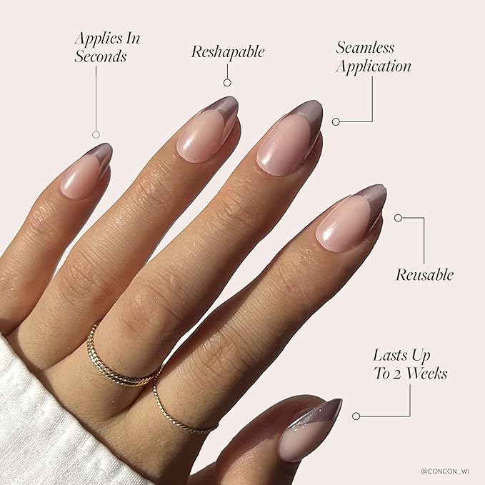 Glamnetic Press On Nails - Rock Candy | Trendy Short Almond Nails with Metallic Chrome Pink French Tips | 15 Sizes - 30 Nail Kit with Glue