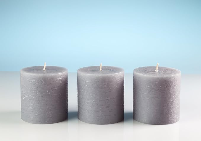 Set of 3 Pillar Candles 3" x 3" Unscented Handpoured Weddings, Home Decoration, Restaurants, Spa, Church Smokeless Cotton Wick - Grey