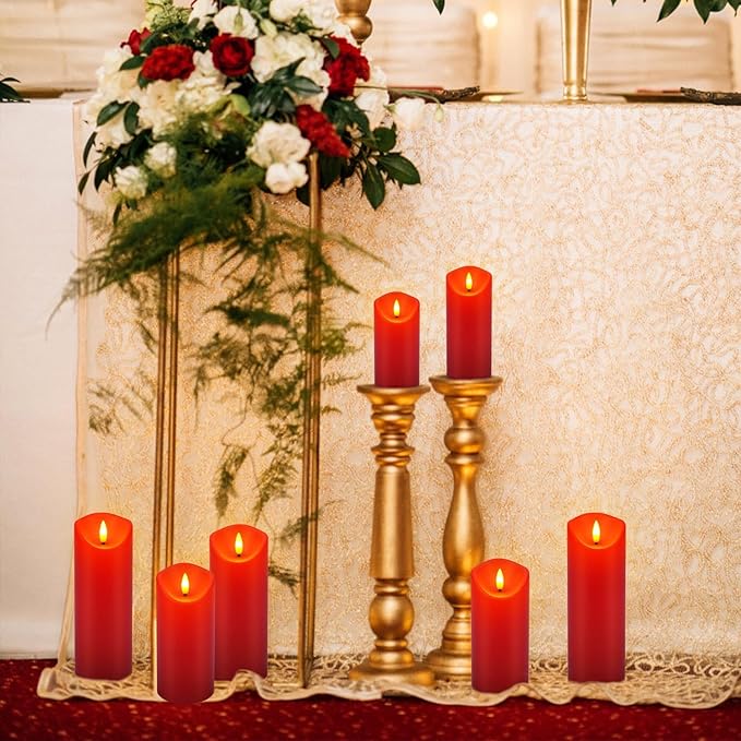 24 Pack Red LED Candles with Remote & Timer - Flameless Pillar Candles with 3D Flickering Flame, Battery Operated for Christmas Tree, Table Centerpieces, Party Decor