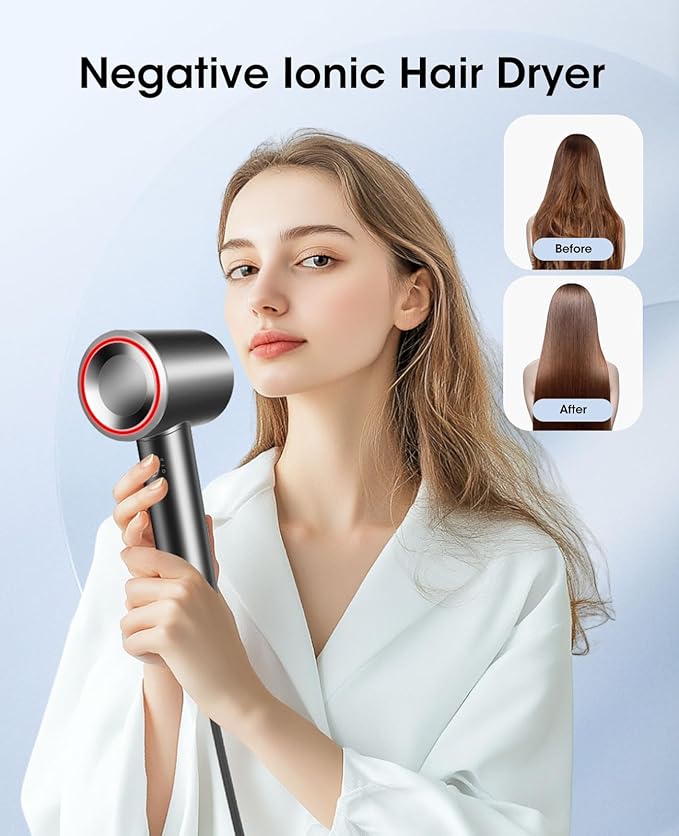 Hair Dryer,110000 RPM High-Speed Brushless Motor for Fast Drying Quiet Compact Hair Blow Dryer with Magnetic Diffuser for Curly Hair for Home Travel Salon #200Black