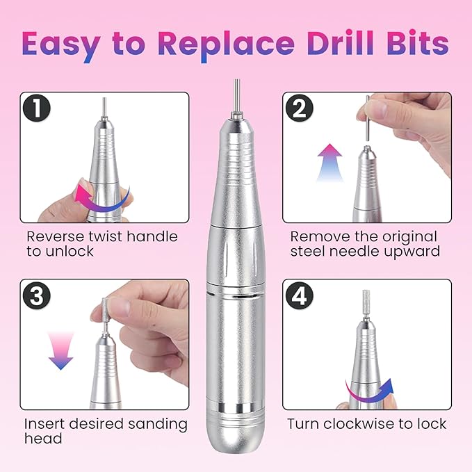 45000RPM Professional Cordless Portable Nail Drill Cordless Low Noise Nail Filer Electric Machine with Efile Bits & Base for Acrylic Nails, Nail Buffer Machine for Salon Home (Pink and Blue)