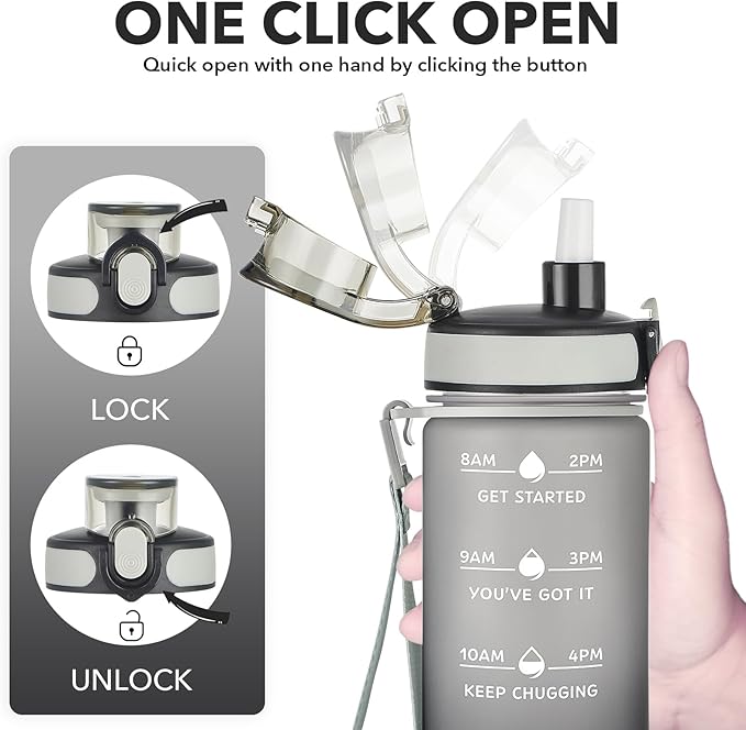 Enerbone Water Bottle, Leakproof BPA & Toxic Free, Motivational Water Bottle with Times to Drink and Straw, Fitness Sports Water Bottle with Strap for Office, Gym, Outdoor Sports
