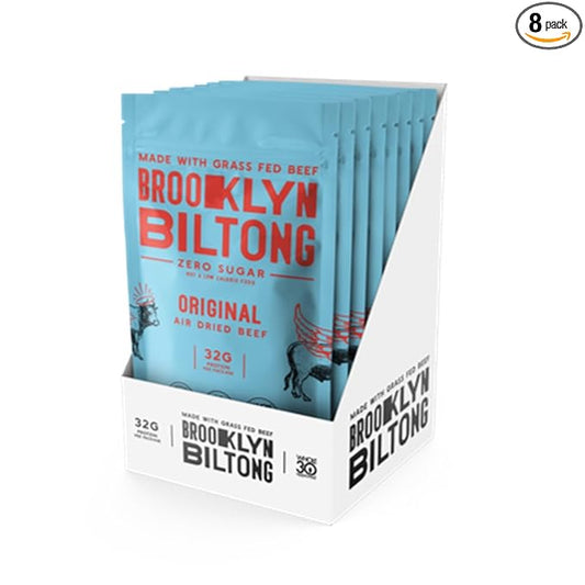 Brooklyn Biltong Air Dried Grass Fed Beef Snack, South African Beef Jerky (2 oz, Pack of 8)- Whole30 Approved, Paleo, Keto, Gluten Free, Sugar Free, Made in USA - (Original)