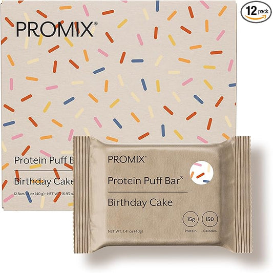 ProMix Nutrition Protein Puff Bars - Birthday Cake - Marshmallow Crispy Treat - Great Tasting & Healthy On The Go Snack - High Protein & Low Calorie - Free From Gluten, Soy, & Corn - 12 Bars