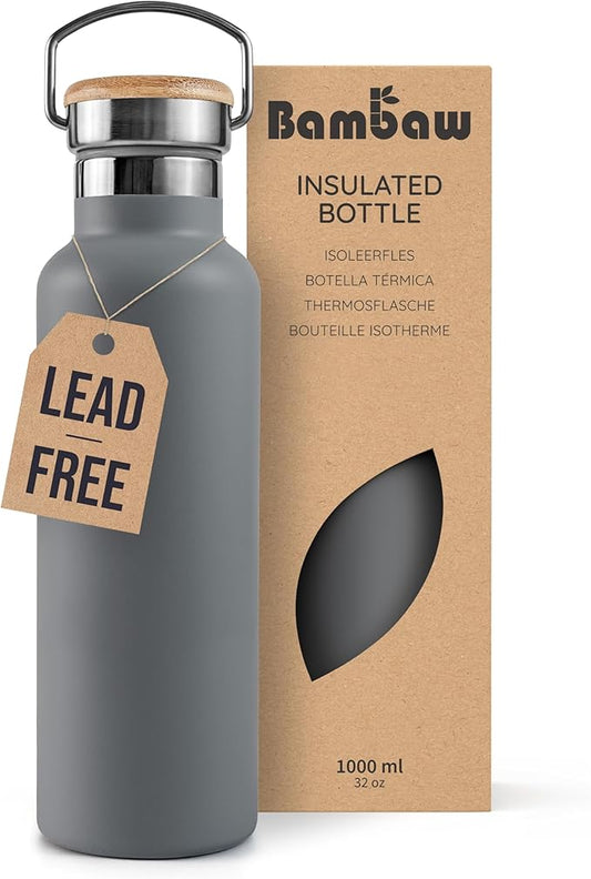 Bambaw 32 oz Water Bottle, Gray Double Wall Insulated Water Bottle, Stainless Steel Water Bottle, Thermo Water Bottle, Women and Mens Water Bottle, 1 Liter Water Bottle – Stormy Gray