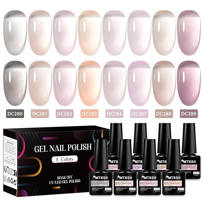 MTSSII Jelly Gel Nail Polish Set - Nude Gel Polish Kit - Milky Nude, Sheer Pink - UV Translucent - Grey - 8 Pcs