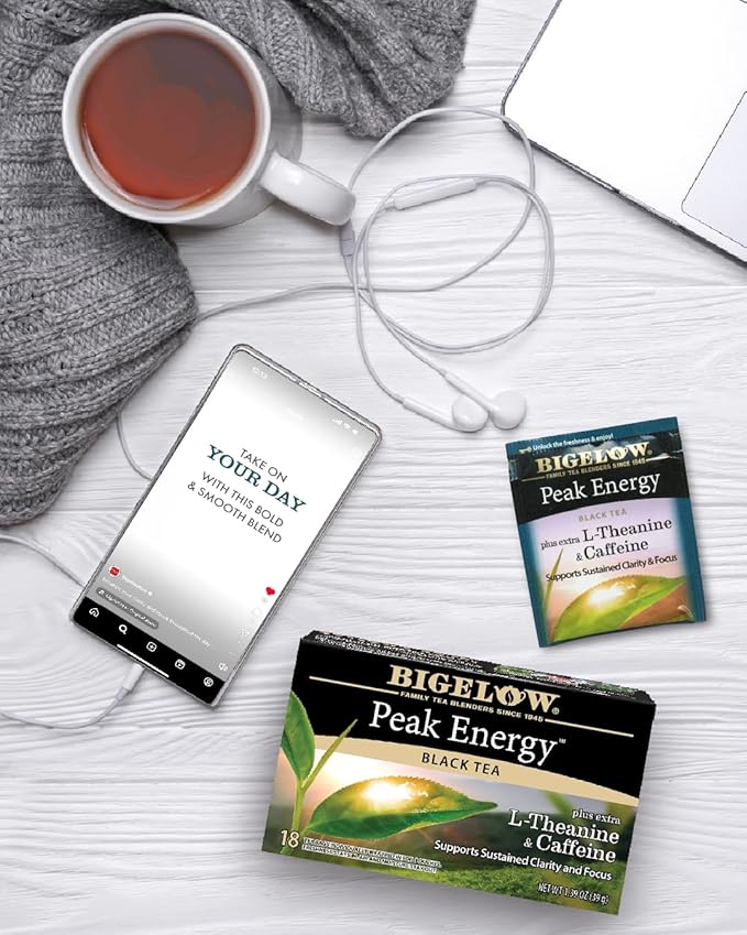 Bigelow Tea Peak Energy plus extra L-Theanine & Caffeine, 18 Count (Pack of 6), 108 Total Tea Bags