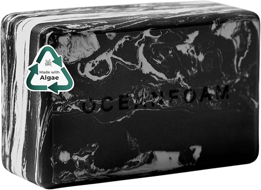 Oceanfoam Workout Block - High-Density Foam Exercise Block, Lightweight, Non-Slip for Stability & Support in Pilates, Yoga, Stretching & More - Algae-based EVA Foam, 9"x6"x4" (Black Marbled)