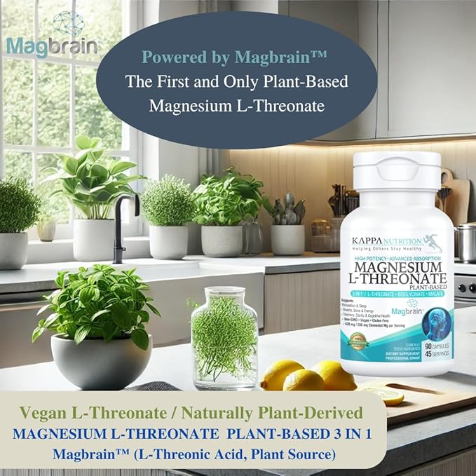 Kappa Nutrition Powered by Magbrain™ Magnesium L-Threonate Plant-Based, 420mg Elemental Magnesium (3 Capsules) from 2,253mg, 90 Vegan Capsules, Brain, Sleep & Muscle Support.