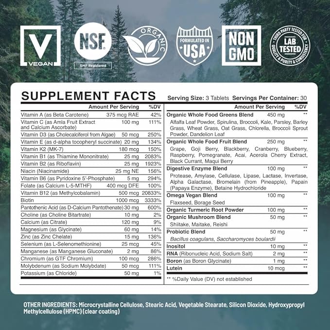 Abundant Earth Whole Food Multivitamin for Women, Daily Multi Vitamins Supplements for Men/Mens Multivitamins + B Complex, Probiotic Multi Enzyme, Omegas for Organic Energy, Mood, Digestion 90ct