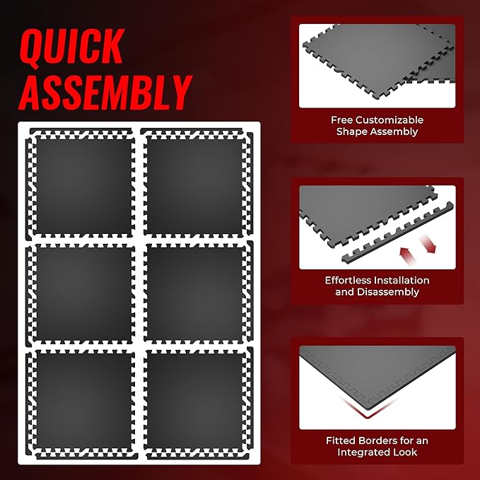 SUPERJARE 0.79'' Extra-Thick Exercise Equipment Mats, 6 Pcs 24 Sq Ft Rubber Top Floor Tiles with High Density EVA Foam, Interlocking Gym Flooring for Home Gym, Protective Workout Mat, Black