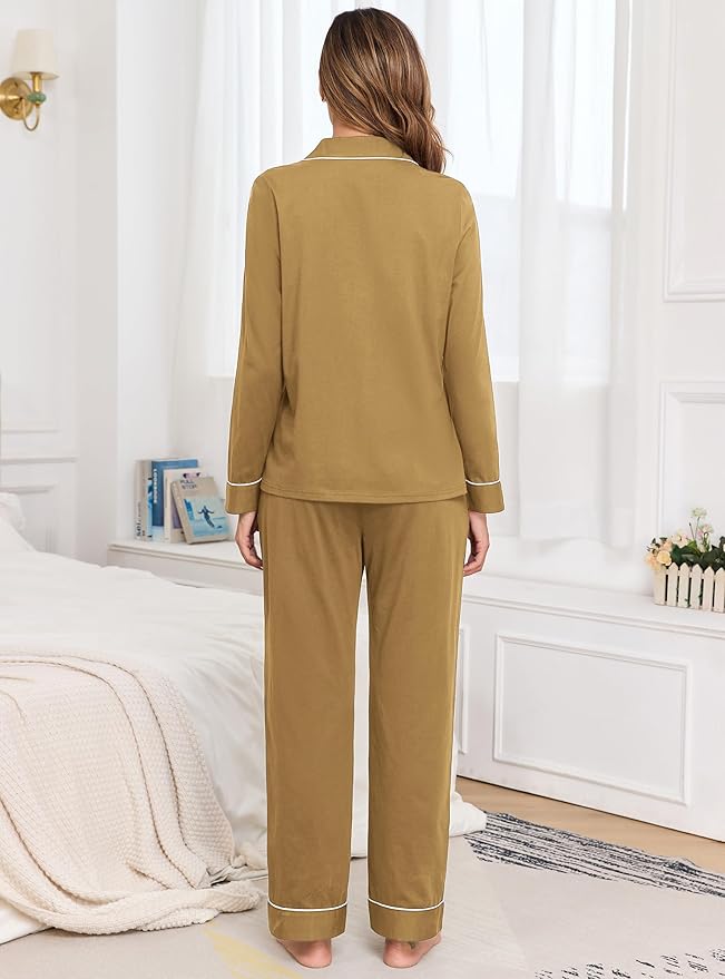Veseacky 100% Cotton Pajamas for Women Set Long Sleeve Button Down Sleepwear Soft Pjs Lounge Sets with Pockets S-XXL