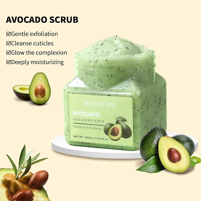 O'KADY Avocado Face & Body Scrub - 11.8 fl oz (350ml) - Gentle Exfoliating with Rice Powder & Olive Oil - Hydrating Formula for Smooth Skin - Fragrance-Free