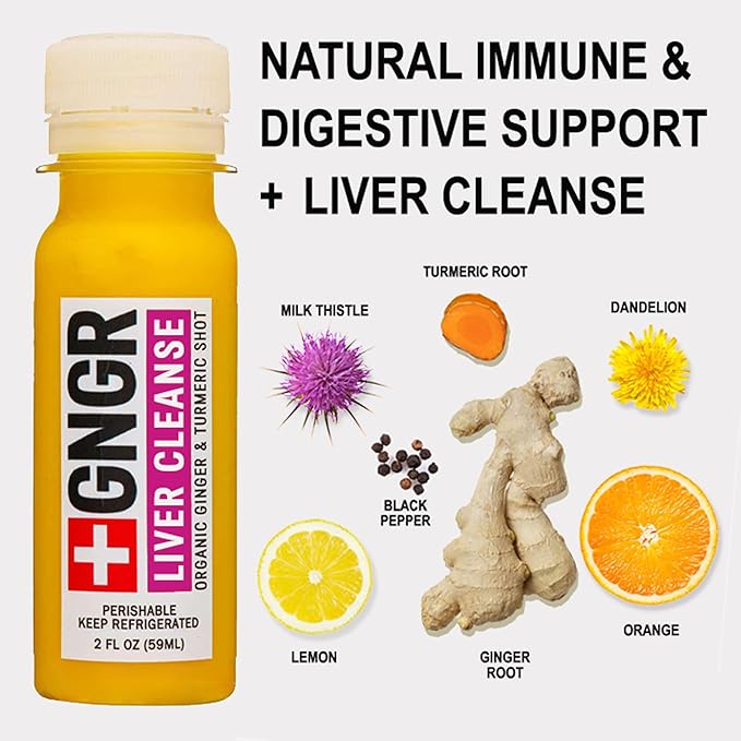 +GNGR Liver Cleanse Shot, Cold-Pressed Ginger Shot with Milk Thistle, Dandelion Root, Turmeric Root, Immunity Shot for All Natural Liver Support, Detox, Digestion, Cleanse 2 fl oz (Pack of 12)