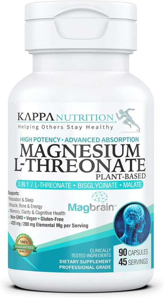 Kappa Nutrition Powered by Magbrain™ Magnesium L-Threonate Plant-Based, 420mg Elemental Magnesium (3 Capsules) from 2,253mg, 90 Vegan Capsules, Brain, Sleep & Muscle Support.