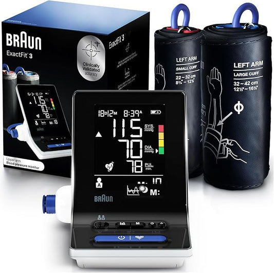 Braun ExactFit 3 Blood Pressure Monitor for Home Use, Blood Pressure Machine, Color-Coded, High BP Monitor, 2 Upper Arm Cuff Sizes, 80 Memory Slots