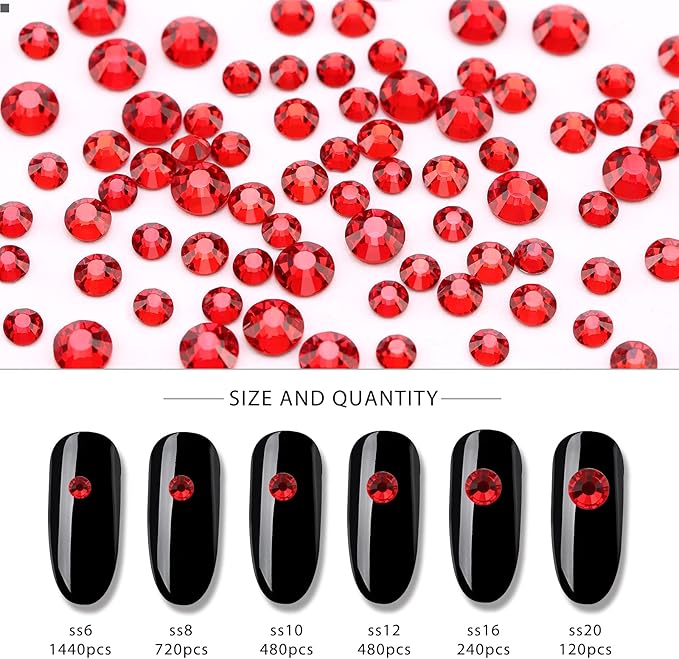 Nibiru 3830Pcs Red Multi Shapes Rhinestones Glass Diamonds Kit for Nail Art Jewels Decoration, Shiny Flatback Mix Size with Wax Pen