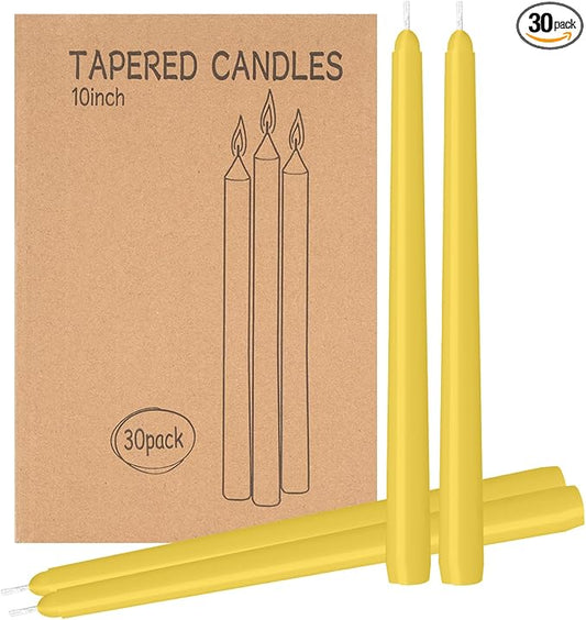 30 Pack Yellow Taper Candles - Taper Candles 10 Inch Dripless, Smokeless & Unscented - 8 Hours Long Burning - Ideal for Weddings, Dinner Parties, and Home Decor