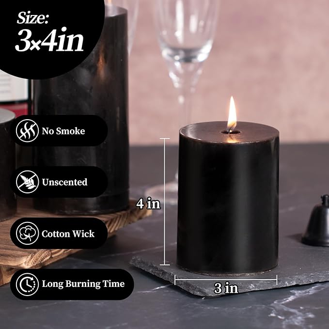 KONNI Black Pillar Candles Set of 3, 3"x 4" Unscented Pillar Candles Bulk, 39 Hours Long Burning Candles, Smokeless&Dripless Large Round Candle for Wedding, Home Decoration, Parties, Spas, Dinner