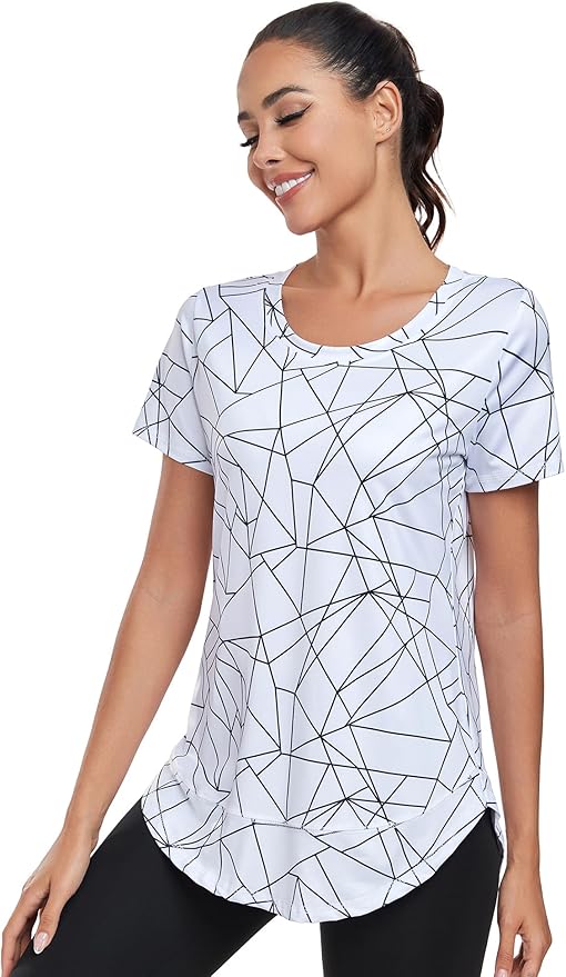 Women's Short Sleeve Workout Shirts Crewneck Sports Yoga Running Dry Fit Tops Side Split Tee