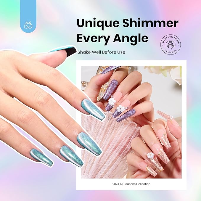 Beetles Pearl Gel Nail Polish, 6 Colors Shimmer Cat Eye Holographic Glitter Nail Polish Set with Magnet Rainbow Mermaid Swirl Shell Thread Purple Pink Blue Green Velvet Gel Manicure Gifts for Women