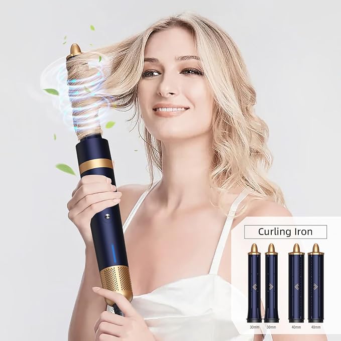 T-GOGO Hair Dryer Brush Professional: 6 in 1 Hot Air Hair Styler & Dryer Set, Powerful Hair Air Curling Iron High-Speed Negative Ionic Blow Dryer, Auto-Wrap, No Heat Damage (Dark Blue)